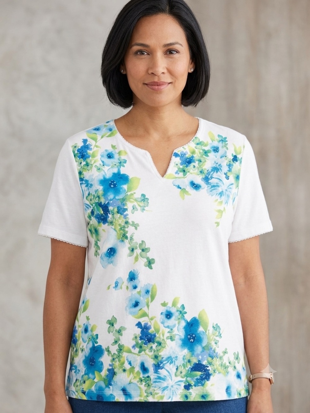 Alfred Dunner Top PXL Plus Size Petite Floral Watercolor Aqua Blue Green Sequins